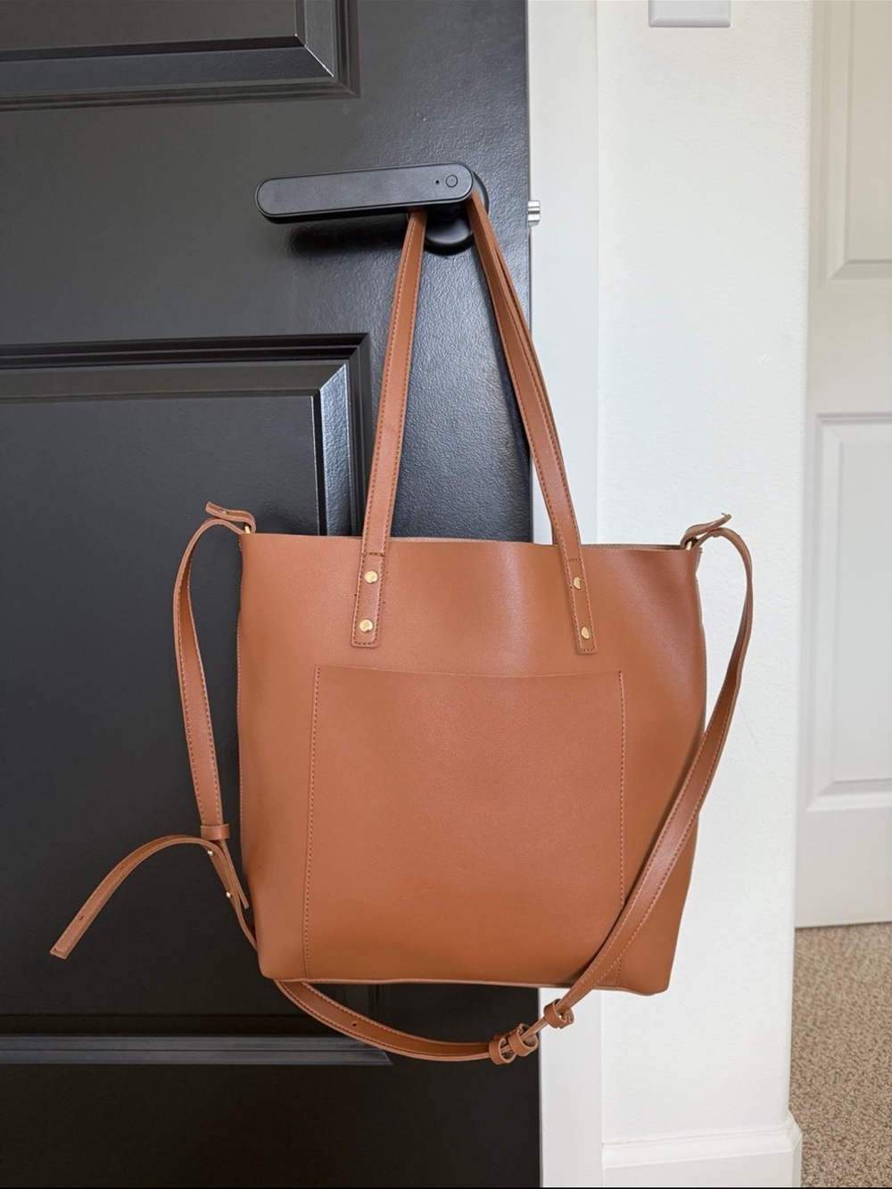 Everyday Cognac Tote with Front Pocket and Dual Straps